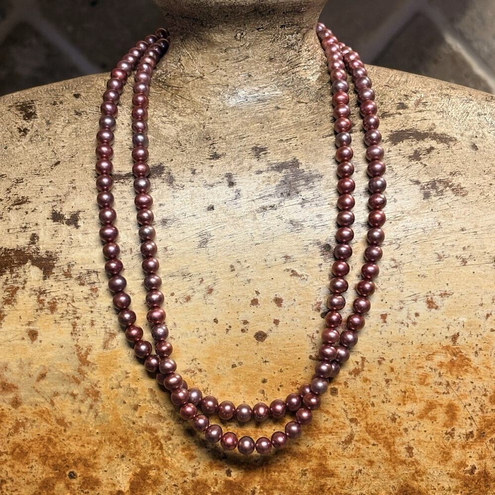 Sterling Silver Two Strand Plum/Pink Freshwater Pearl Necklace 17 Inch